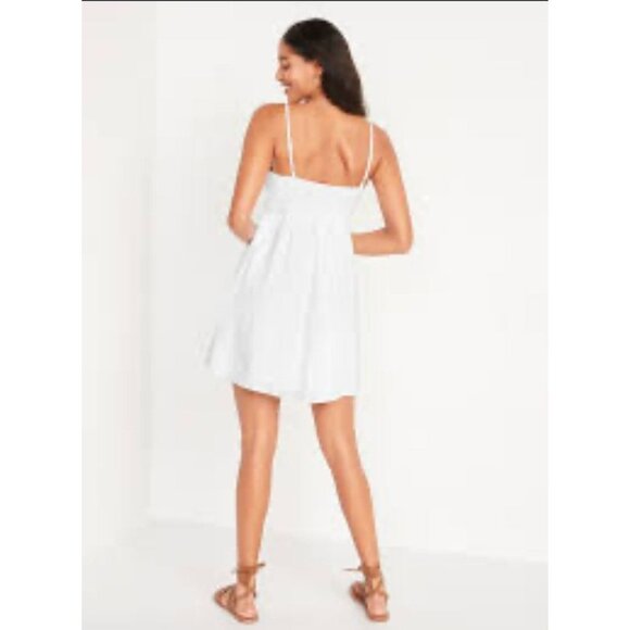 Old Navy Fit & Flare Tie-Front Smocked Linen-Blend Mini Cami Dress White Cottage - Picture 2 of 3